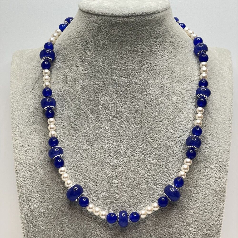 Artisan Handcrafted Blue Gemstone Glass Pearl Beaded Necklace Elegant Statement